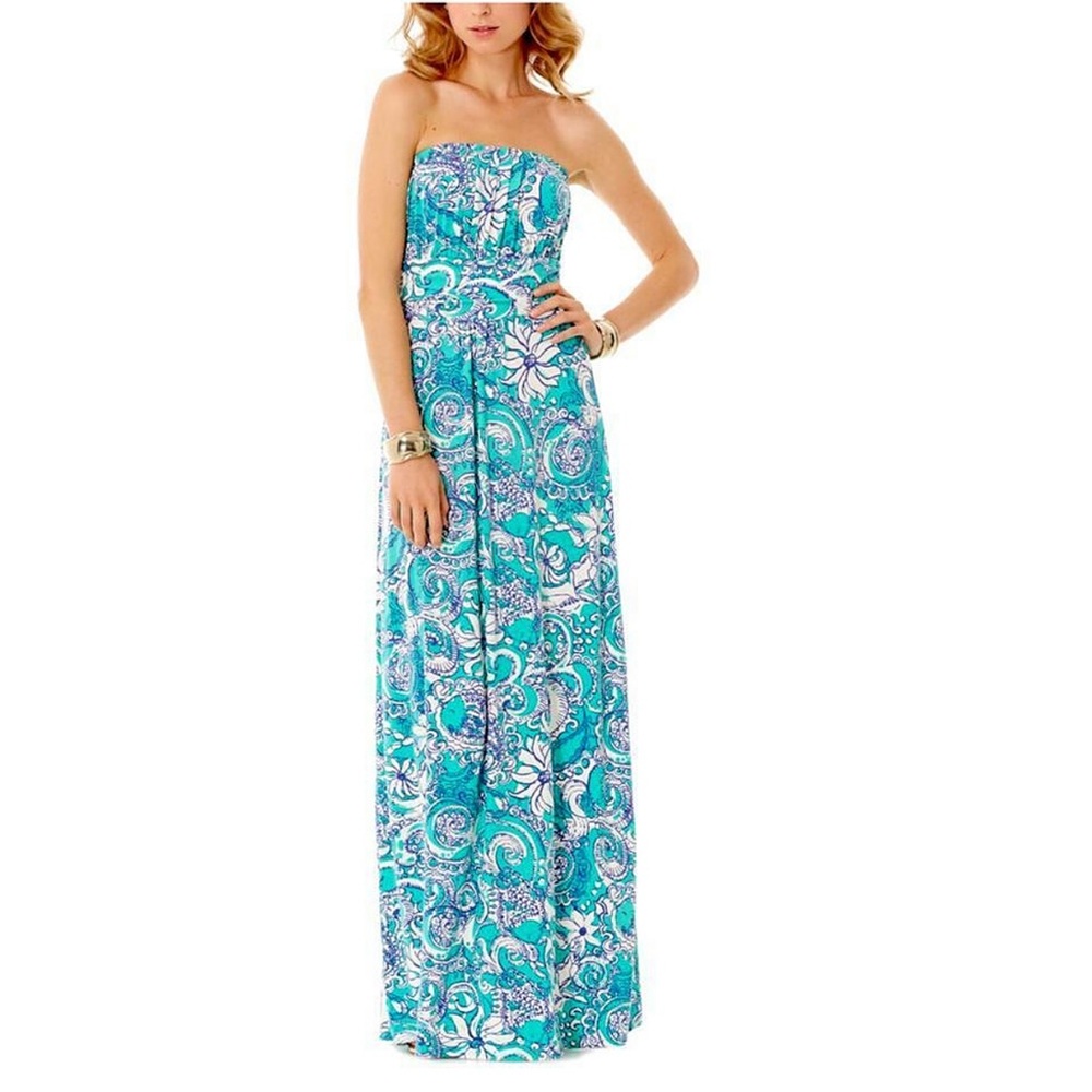 Lilly Pulitzer Holbrook Strapless Maxi Dress Seafoam XXS Paisley Floral Montauk